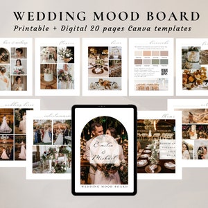 Può includere: Un moodboard digitale per un matrimonio con 20 pagine di modelli Canva. Il moodboard include immagini di abiti da sposa, fiori, capelli e trucco, intrattenimento, bomboniere e altro ancora. Il tema è bohémien naturale con uno stile rustico. Il moodboard è intitolato "Wedding Mood Board" e presenta i nomi "Emilia & Michael".