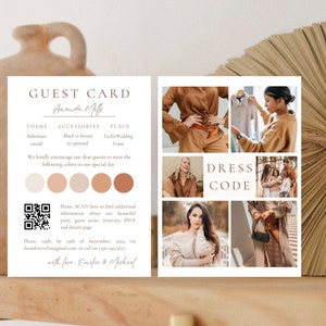 Gastenkaart, invoegen dresscode, Canva-sjabloon voor kledingkaart, pagina feestdetails, gepersonaliseerde fotokaart dresscode gasten, kleurenpalet bruiloft