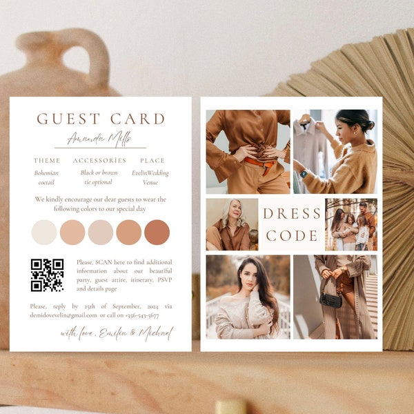 Guest card, Dress code insert, Attire card Canva template, Party details page,Personalised Guest dress code photo card,Wedding color palette