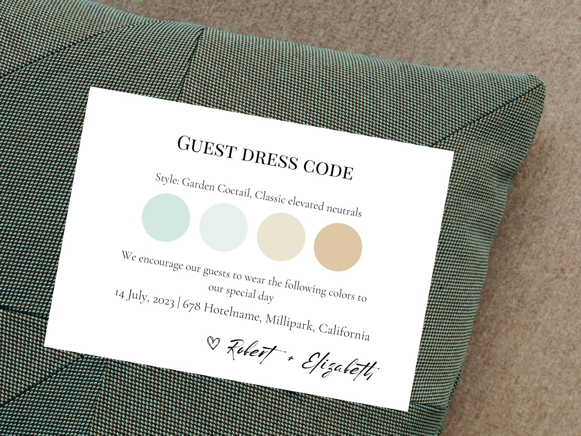 Guest Dress Code, Wedding Attire Palette, Attire Request Card, Editable