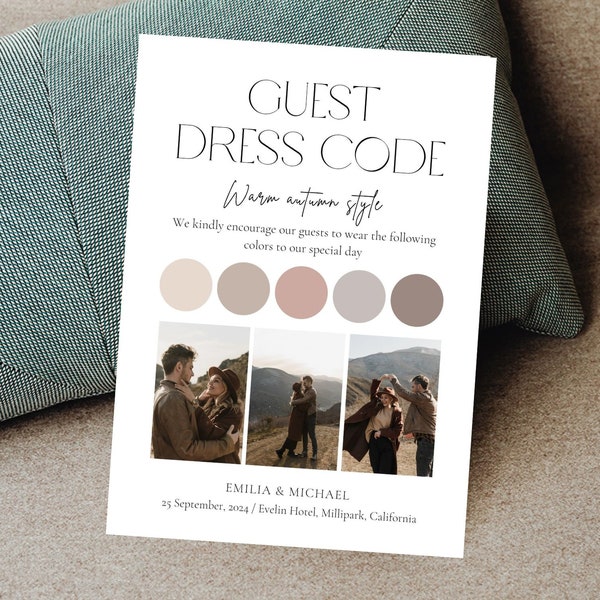 Guest dress code card, Minimalist wedding attire card Canva template,Vibe dress code, Wedding color palette, Editable dress code color info