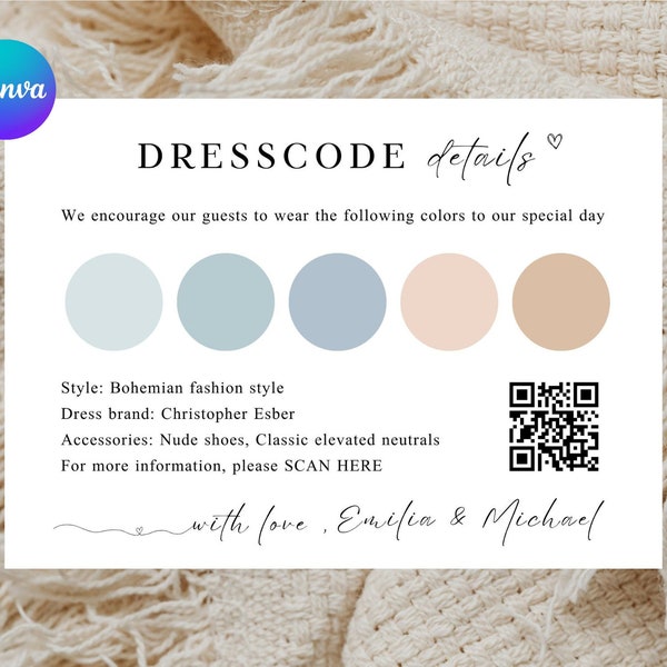 Party dress code card, Wedding attire palette, Party guest dress code, Unique detail card,Color coordinate, DIY Editable attire request card