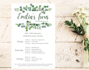 Eucalyptus Hen weekend itinerary Canva template, Minimalist Greenery Bachelorette party schedule, Weekend timeline text, Hen do invitation