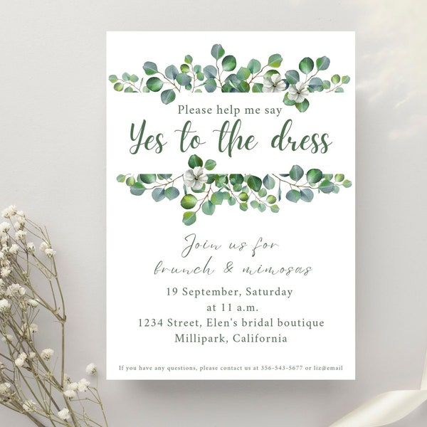 Say Yes to the Dress invitation, Bridal boutique sign, Wedding dress shop, Dress fitting, Green dress sign, Eucalyptus bridesmaid invitation