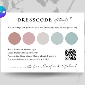 Könnte beinhalten: Eine weiße rechteckige Karte mit der Überschrift DRESSCODE details und einem Herzsymbol. Sie zeigt fünf farbige Kreise in den Tönen Altrosa, Mauve, Beige, Salbei und Schieferblau. Enthält Text zu Stil, Marke, Accessoires, einen QR-Code und eine Signatur.