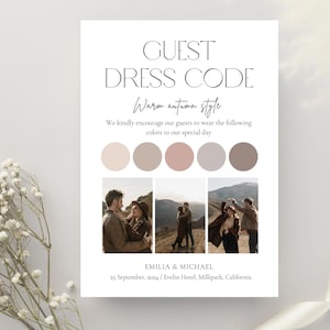 Dress Code Gast, Minimalistische Hochzeitskleidung Canva Vorlage, Vibe Dress Code, Hochzeit Farbpalette, Bearbeitbare Dress Code Farb Info