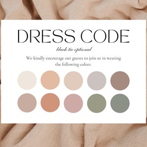 Editable Guest Dress Code Card: Black Tie Event Attire Palette Template