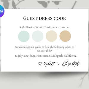 Może przedstawiać: Prostokątna biała karta z kodem ubioru dla gości z tekstem GUEST DRESS CODE, Style: Garden Coctail, Classic elevated neutrals oraz paletą czterech kółek w kolorach miętowym, jasnoniebieskim, kremowym i opalenizny. Zawiera datę, lokalizację i imiona Robert + Elizabeth.