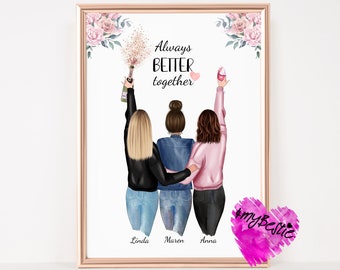 Girlfriends gift birthday, girlfriends picture personalized, best friend gift Christmas | 3 girlfriends picture poster | BFF |G51