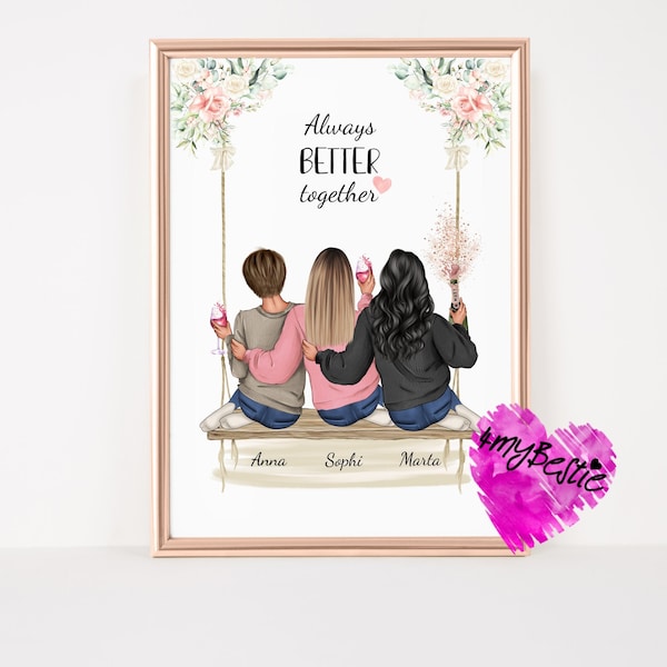 Freundinnen Geschenk Geburtstag, Freundinnen Bild personalisiert, 3 Freundinnen Bild Geschenk, Freundin Poster, Beste Freundin Geschenk,G100