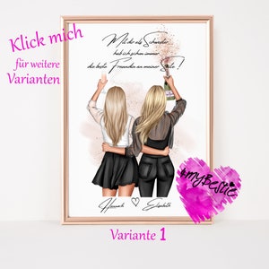 Könnte beinhalten: Gerahmte Illustration von zwei Frauen mit blonden Haaren, die sich umarmen und mit Champagner feiern. Das Kunstwerk enthält deutschen Text und die Worte "#myBestie" auf einem rosa Herzen.