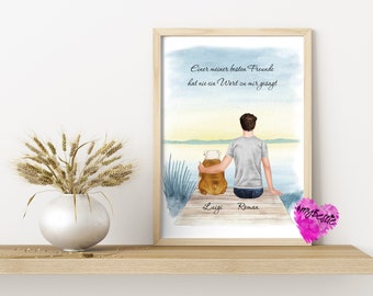 Puede incluir: Una pintura de acuarela de un hombre y su perro sentados en un muelle. El hombre lleva una camisa gris y pantalones vaqueros azules. El perro es un bulldog marrón y blanco. El texto "One of my best friends has said a word to me" está escrito en alemán en la parte superior de la pintura. Las palabras "Luigi" y "Roman" están escritas debajo del hombre y el perro.
