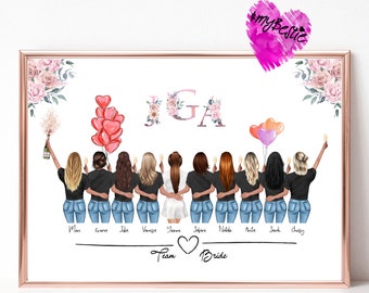 Cadeau enterrement de vie de jeune fille personnalisé, poster JGA, poster 10 amis pour le JGA, poster amis et mariée personnalisé, JG24