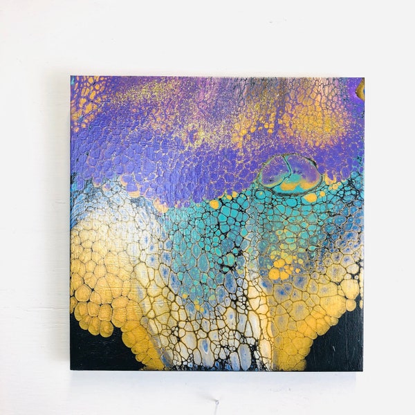 Acrylic Pour, Flowing Rich Purple, Teal and Gold on Black, High Gloss Finish, Abstract Fluid Art with cells flowing down on stretched canvas