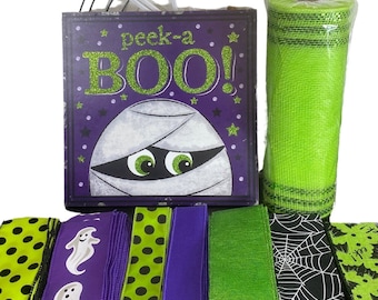 Happy Halloween Front Door Wreath Kit, Halloween Peek a Boo Mummy Door Wreath Kit, Halloween Mummy Wreath Kit, DIY Happy Halloween Wreath