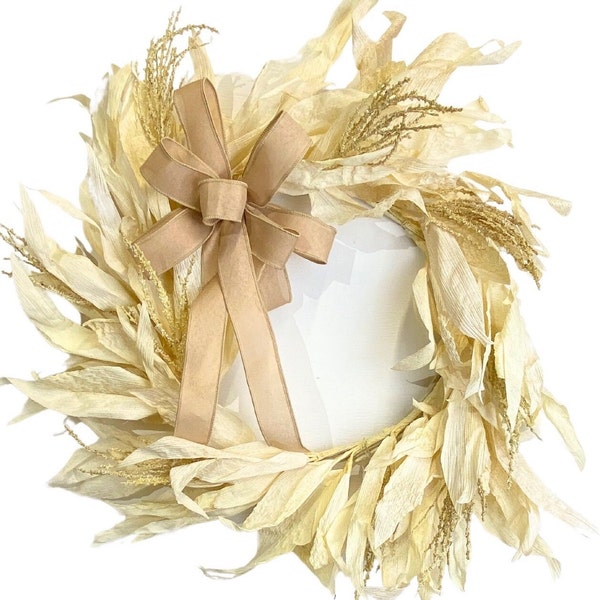 Fall Corn shuck Front Door Wreath, Fall Porch Wreath, Fall Neutral Dried Corn Wreath, Farmhouse harvest door decor, Natural Cornstalk wreath