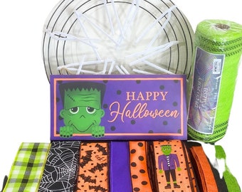 Happy Halloween Front Door Wreath Kit, Halloween Monster Front Door Wreath Kit, Green Monster Purple Wreath Kit, DIY Happy Halloween Wreath