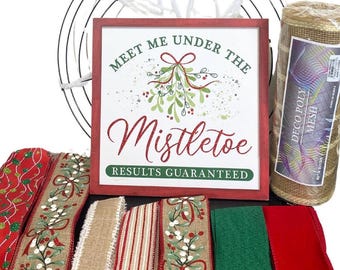 Meet me Under the Mistletoe Front Door Wreath Kit, DIY Merry Christmas Wreath Kit, Whimsical Merry Christmas Wreath, Mistletoe Wreath Kit