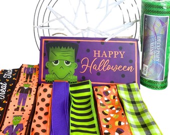 Happy Halloween Front Door Wreath Kit, Halloween Monster Front Door Wreath Kit, Green Monster Wreath Kit, DIY Happy Halloween Wreath