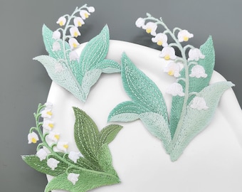 Symmetrical Lily of The Valley Iron-On Patches, White Floral Embroidered Applique, Fresh Green Leaves