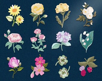 Yellow Pink Rose Flower Iron on Patch, Lily of the Valley Clover Sunflower Cherry Blossom Hydrangea Pansy Sew Decorative Patch, Holiday Gift
