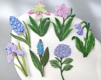 Spring Wildflower Embroidered  Iron-On Patch - Hydrangea Iris Orchid Bluebell Appliques