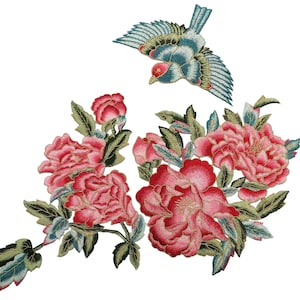 Large Red/Pink Peony Flower and Bird Embroidered Patch, Sew On Chinese Floral Embroidered Patches, Soft Asian Floral Appliqué Patches
