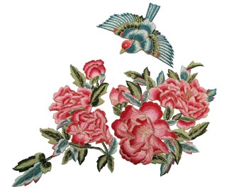 Patch bordado grande com flor de peônia vermelha/rosa e pássaro, patches bordados florais chineses para costura, patches com apliques florais asiáticos suaves