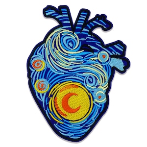 May include: An embroidered patch in the shape of a heart with a swirling blue, yellow, and white pattern reminiscent of Vincent van Gogh's Starry Night. A yellow circle with a crescent moon in orange is in the center of the heart.