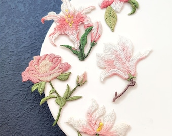 Pink Flower Iron-On Patches, Small Floral Embroidered Applique, Rose/Lily/Magnolia/Orchid/Crabapple