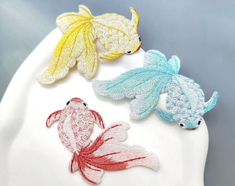 Goldfish Embroidered Iron-On Patches, Yellow, Pink, Blue Fish