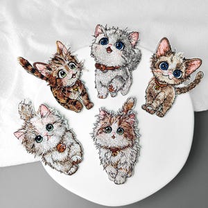 May include: Five embroidered patches featuring kittens with large eyes and collars. The kittens have varied fur patterns including brown tabby, white, and calico. Each patch shows a different pose, with some sitting and others looking upward.
