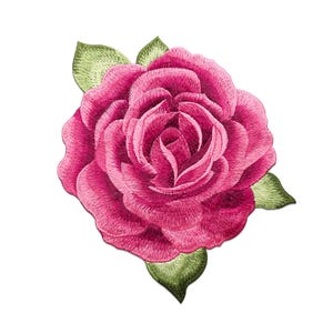 May include: Embroidered patch of a vibrant pink rose with detailed petals and green leaves. The floral design is set against a white background, showcasing the intricate stitching and color variations.