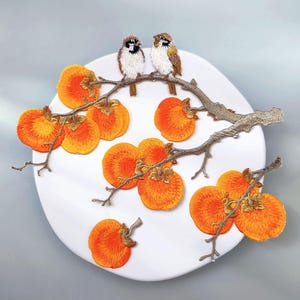 Könnte beinhalten: Gestickte Kunst mit zwei kleinen Vögeln auf einem Ast mit orangefarbenen Kaki. Die Vögel haben braune und weiße Federn. Die Kakis haben eine leuchtend orange Farbe. Das Kunstwerk befindet sich auf einem weißen, kreisförmigen Hintergrund.