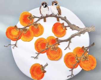 Embroidered Iron-On Patches, Orange Persimmons and Birds, Autumn Fruits, Symmetrical Mirrored Patterns, Freely Combinable