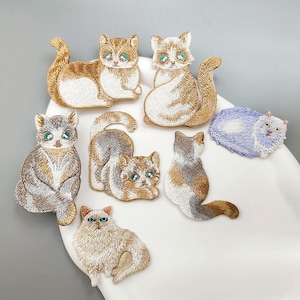 Brown Cat Iron-On Repair Patches, Animal Embroidered Applique, Clothing Decoration