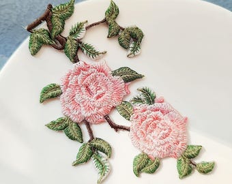 Embroidered Pink Roses Applique Patch, Floral Plant Iron-On Patches-70x110mm