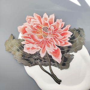 Large Lotus Embroidered Sew-On Patch, Soft Flower and Leave Clothing Decorative Appliqué, Chinese Realistic Design