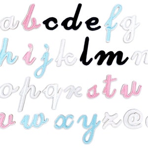 Parche bordado con letras minúsculas blancas, parche autoadhesivo rosa con combinación gratuita de 26 letras, parches azules para planchar en minúsculas.