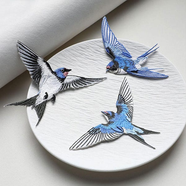 Embroidered Swallow Iron-on Patches,Symmetrical Embroidered Decor Pattern,Chinese Realistic Embroidered Bird Repair Patches for Clothes