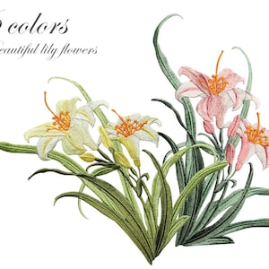 Puede incluir: Flores de lirio bordadas en tonos de rosa, blanco y amarillo con tallos y hojas verdes. El texto "6 colores Hermosas flores de lirio" está en la parte superior de la imagen.