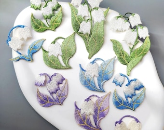 Lily of The Valley Iron-On Patches, Small Floral Embroidered Applique, Green/Blue/Purple Flower