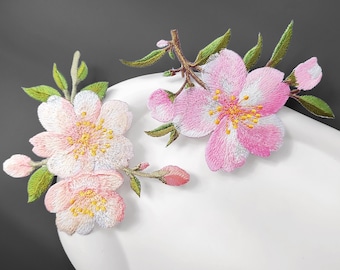 Pink/Green Peach Blossoms Iron-On Patches, Embroidered Floral Decorative Appliqués, Flower Badge, Repairing Holes