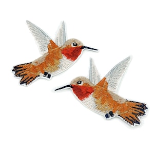 Puede incluir: Dos parches bordados con colibríes en vuelo. Las aves están representadas con las alas extendidas. Los parches presentan costuras detalladas en tonos naranja, marrón, rojo y blanco, con picos y patas negras. Sobre un fondo blanco.