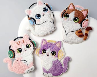 Embroidered Stick-on Patches,Cat with Headphones Clothing Self-Adhesive Applique, Sew Decoration, Laptop/Phone Stickers
