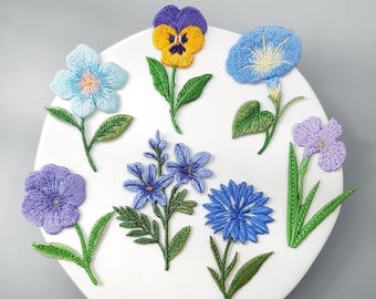Vibrant Garden Floral Iron-On Patches - Blue Embroidered Flower Appliques for DIY Clothing