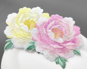 Pink Peony Flower Iron-On Patches, Embroidered Floral Decorative Appliqués, Repairing Holes-73x67mm