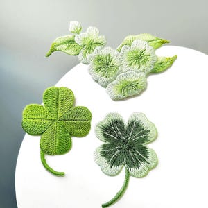 Lucky Clover Embroidered Iron-On Patch, Trifolium Leaves Badge, Green Pear Blossoms Decorative Applique