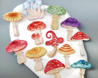 Mushroom Embroidered Iron-On Patches, Fungus Patterns in Various Colors