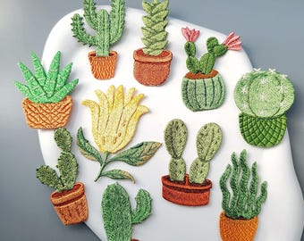 Potted Plant Iron-On Patches, Small Green botanical Embroidered Applique,Desert Plants